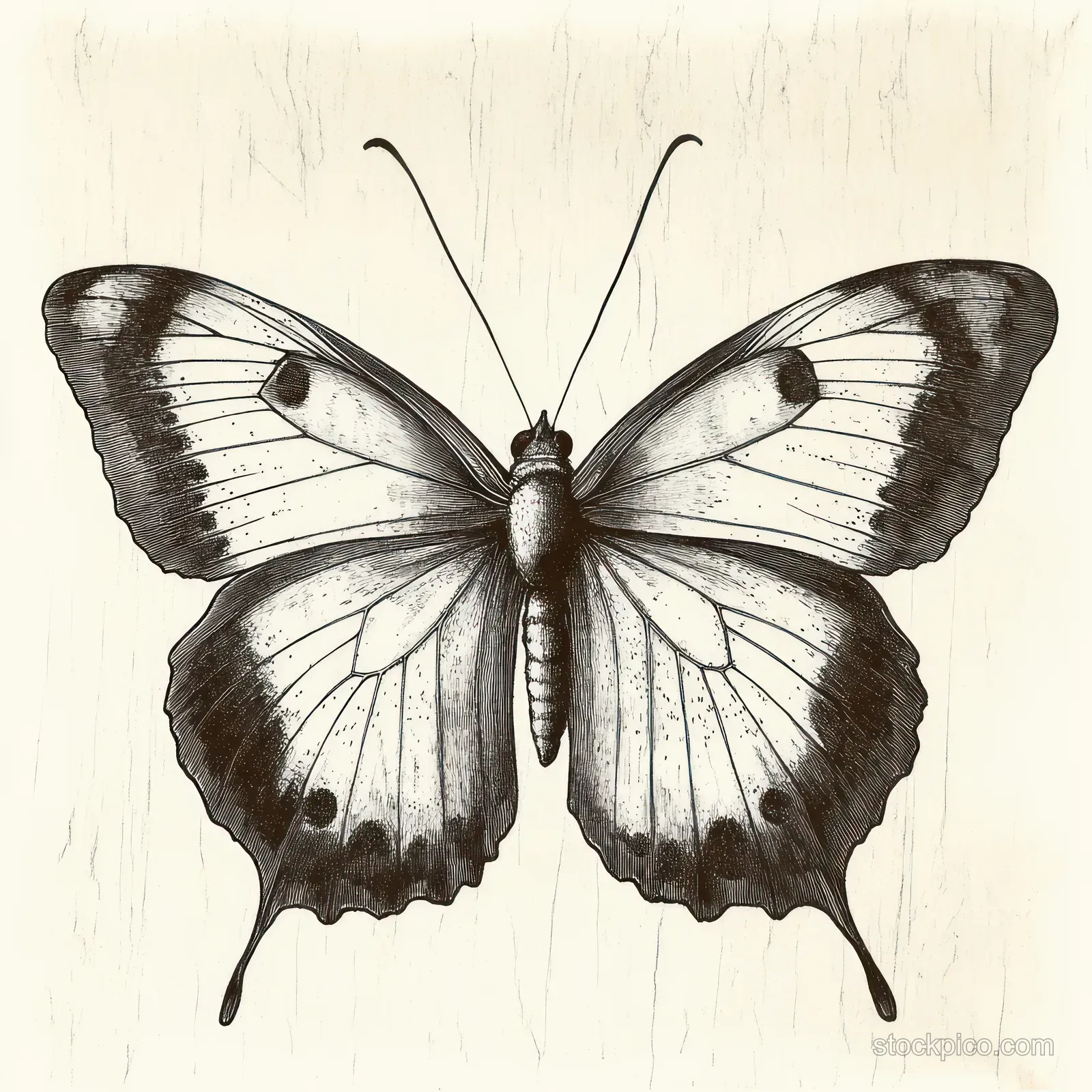 A monochrome butterfly illustration with symmetrical wings spread on a textured background.