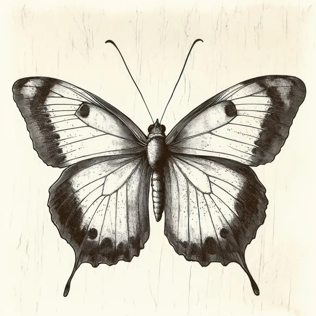 A monochrome butterfly illustration with symmetrical wings spread on a textured background.