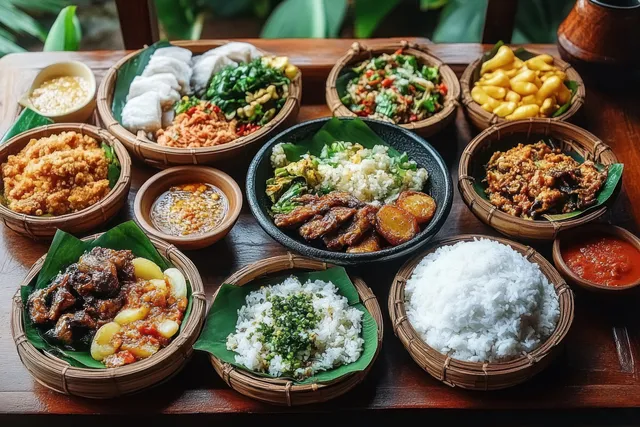Traditional Indonesian Rice Meal with Meat and Vegetables on Wooden Table