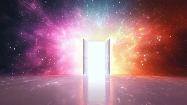 Open white double doors reveal a cosmic starfield with colorful glowing light beams and a reflective floor.