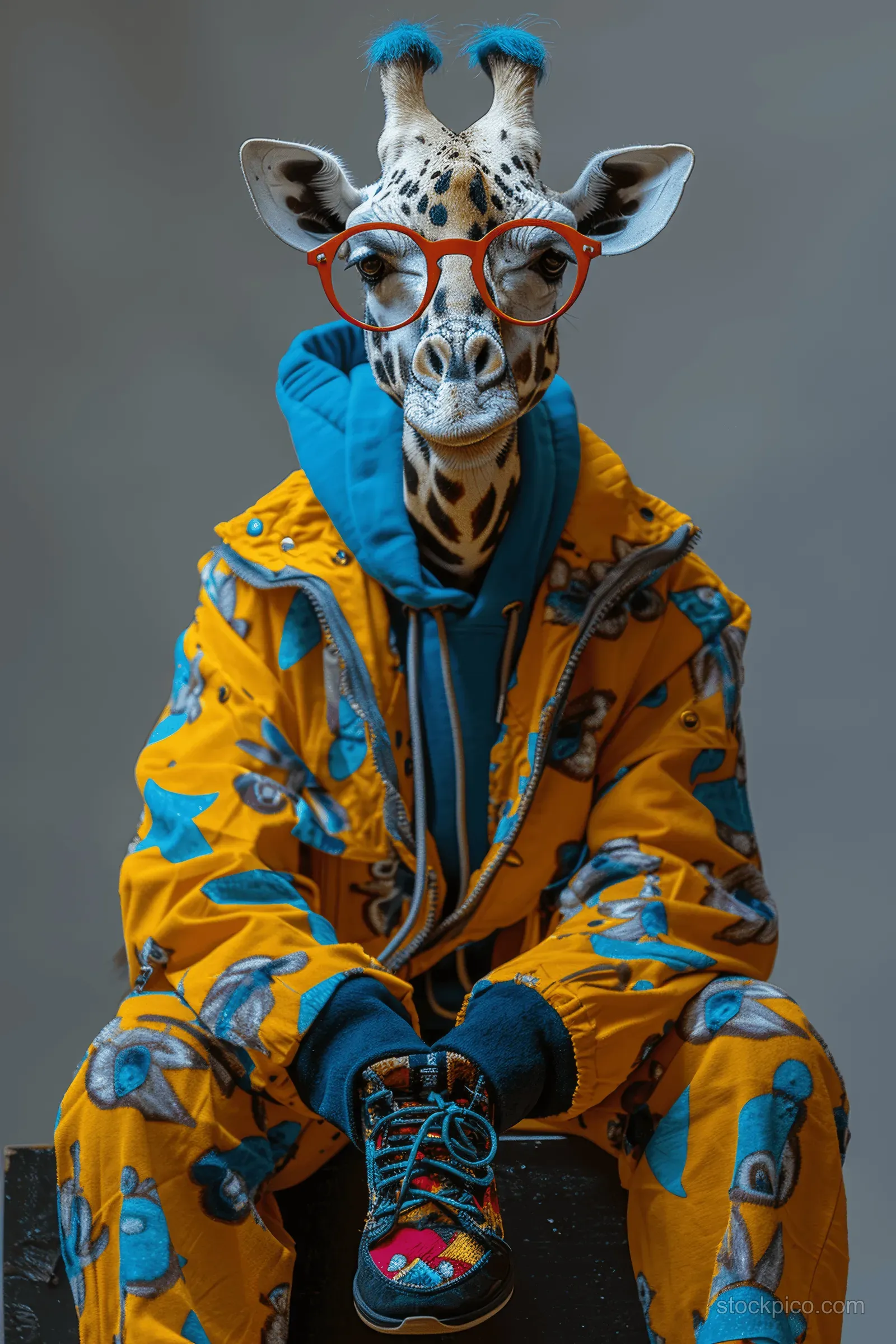 Hip hop giraffe character sits on a black cube wearing a bright patterned jacket, goggles, and colorful sneakers.
