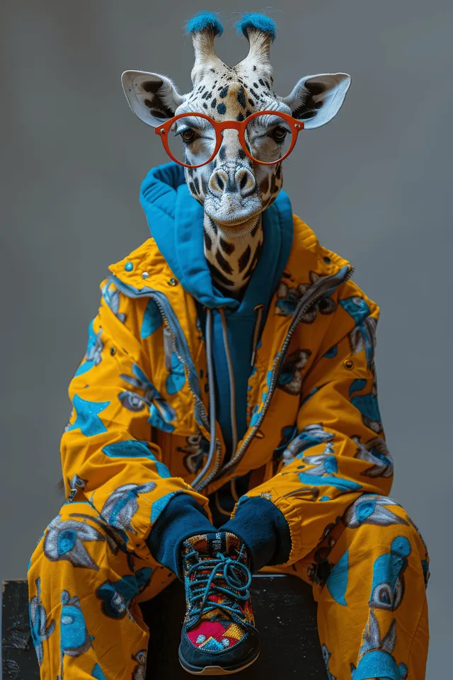 Hip hop giraffe character sits on a black cube wearing a bright patterned jacket, goggles, and colorful sneakers.