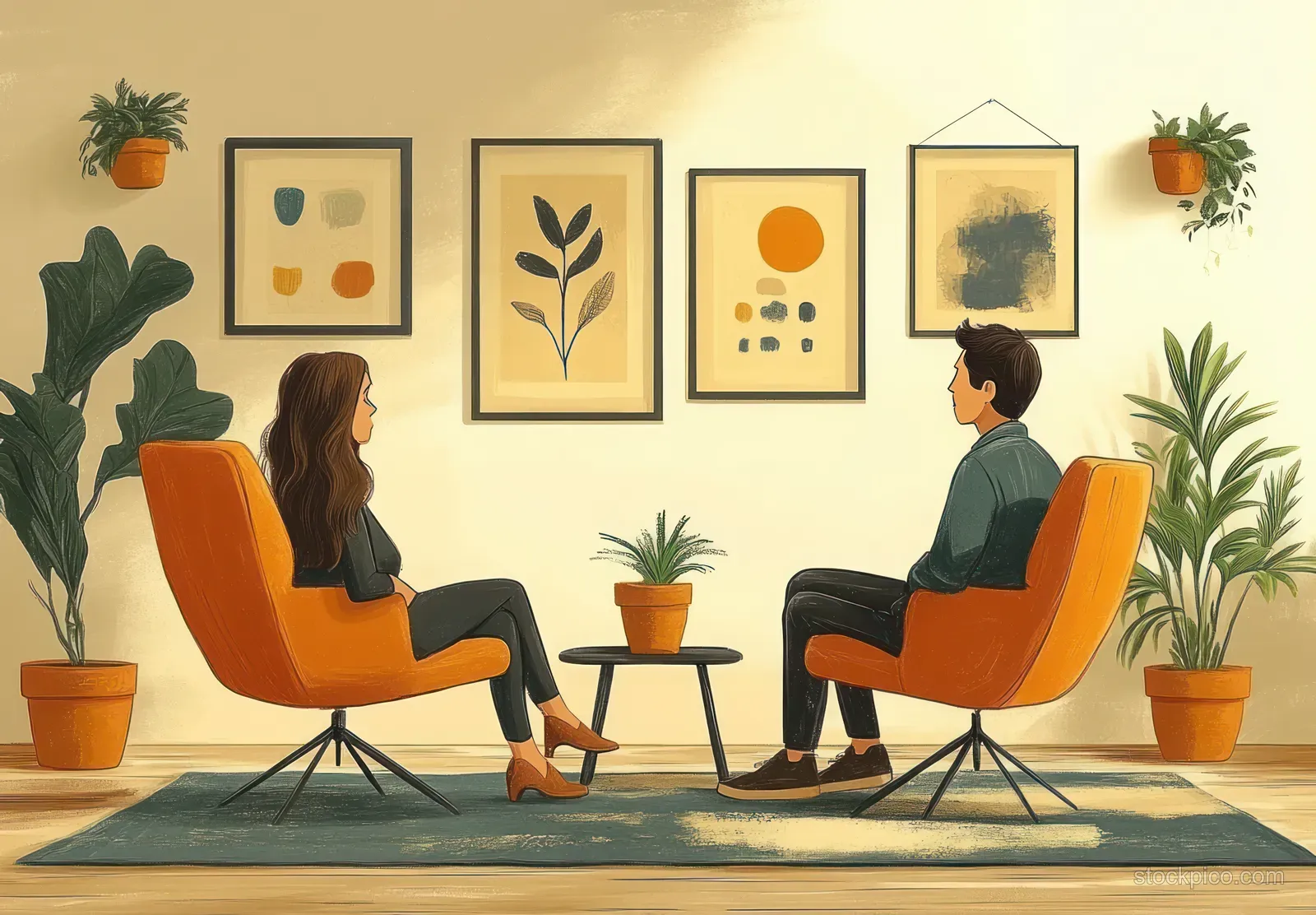 A young man and a female therapist sit facing each other in a cozy living room during a tense therapy session.