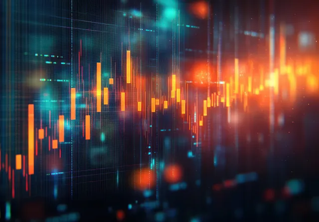 Illuminated abstract stock chart with glowing candlesticks, data lines, and neon finance signals