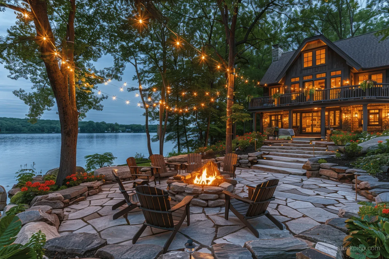 Rustic patio beside a lake house with a stone fire pit, chairs, and glowing string lights at dusk.