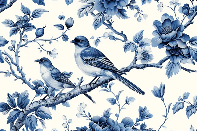 French toile de Jouy blue birds on white seamless floral branch pattern
