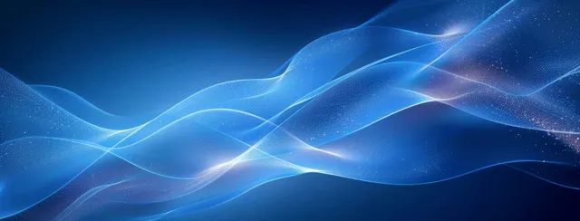 Blue wavy light lines ripple across a dark gradient background with glowing motion streaks