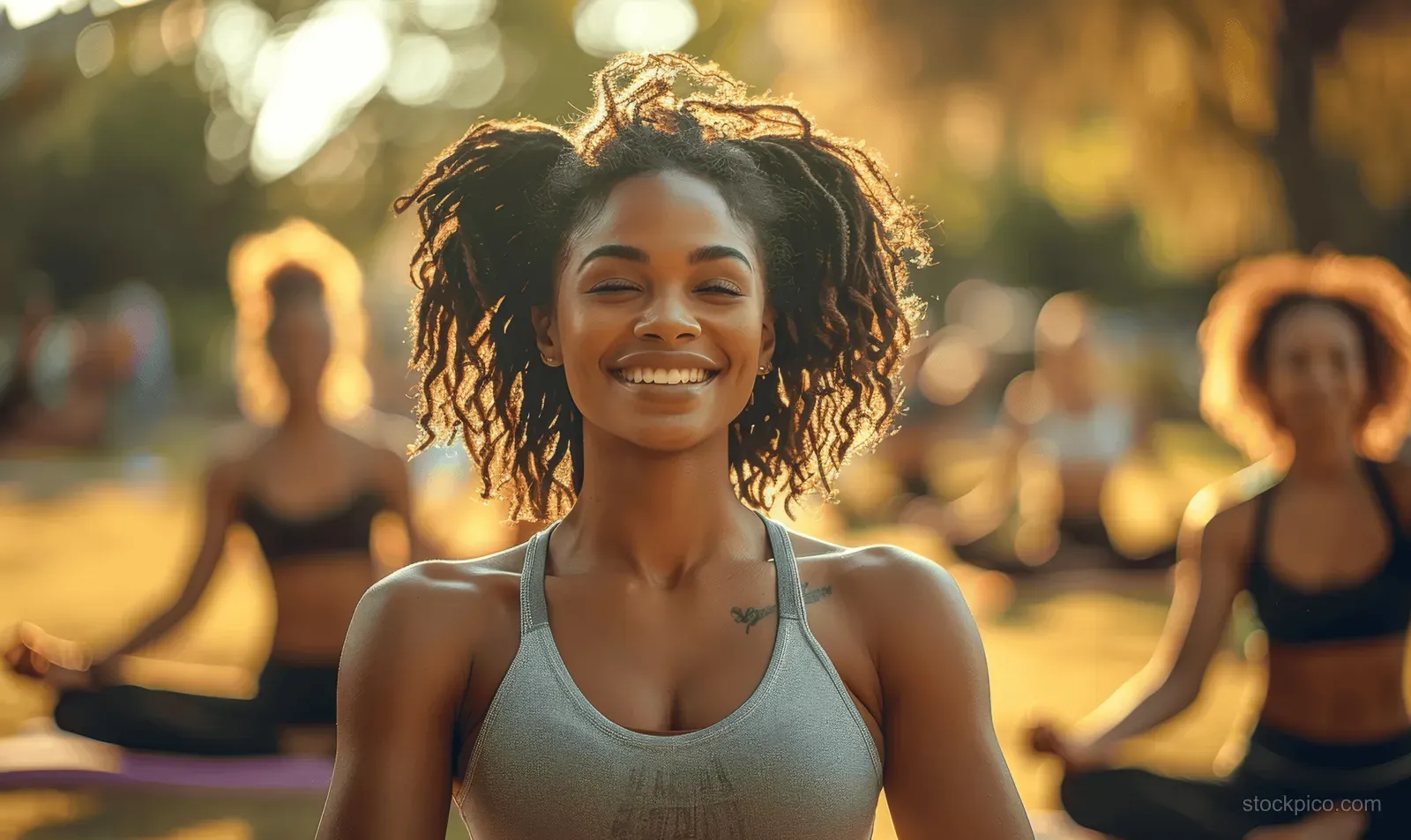 Smiling Black woman in sportswear leads yoga stretching with friends in a park during golden hour.