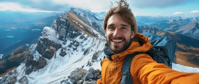 A hiker in an orange jacket takes a selfie on a snowy mountain summit with panoramic peaks and cloudy sky behind.