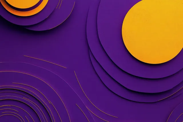 Layered concentric circles in purple and yellow with curved orange lines creating depth