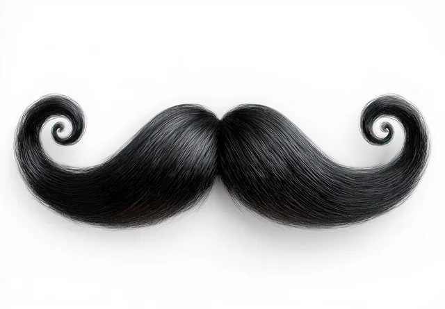 Thick black curly mustache with symmetrical swirls on smooth hair texture against a white background.
