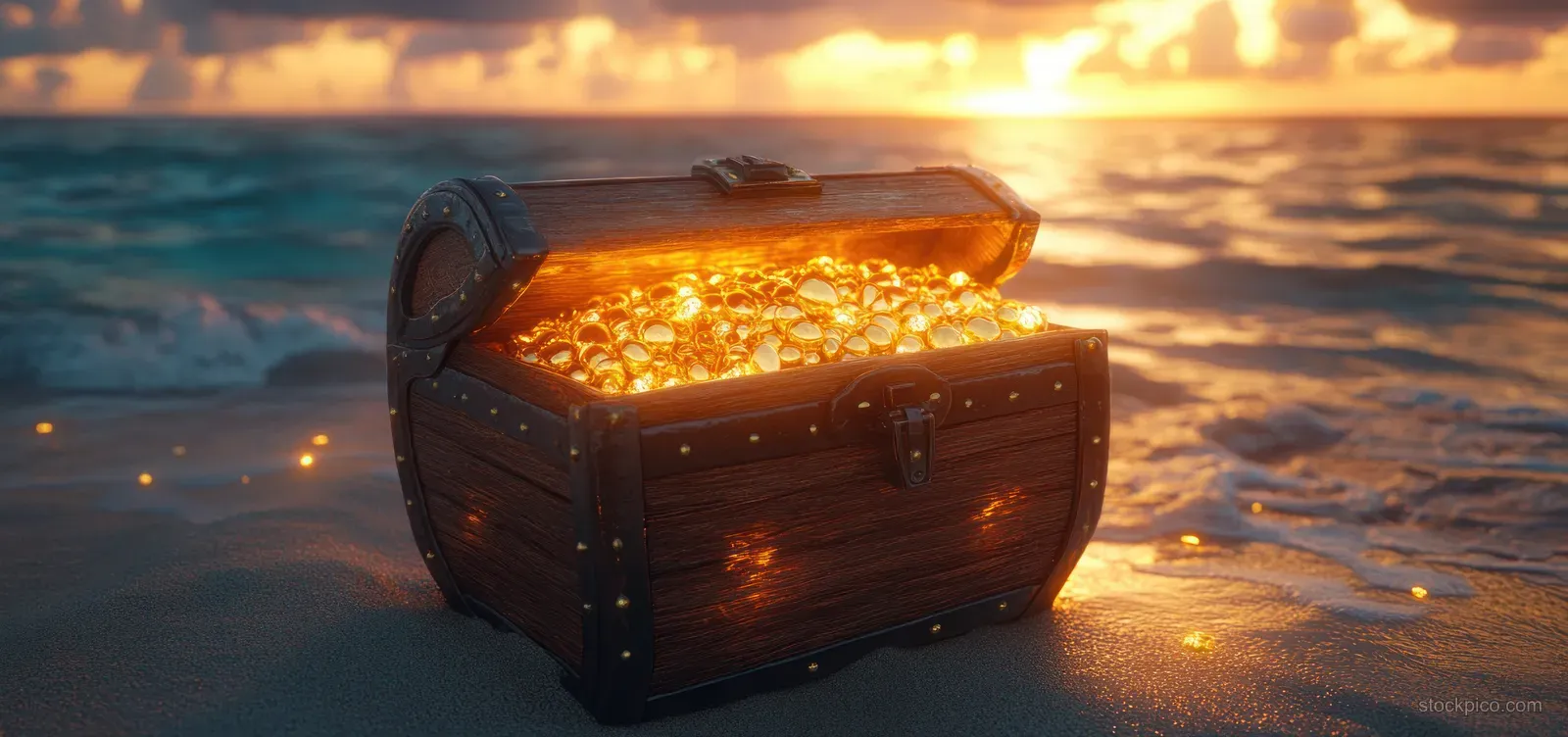 An open treasure chest on a sandy beach at sunset, glowing with gold coins and jewels beside ocean waves.