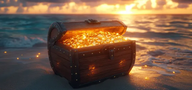 An open treasure chest on a sandy beach at sunset, glowing with gold coins and jewels beside ocean waves.