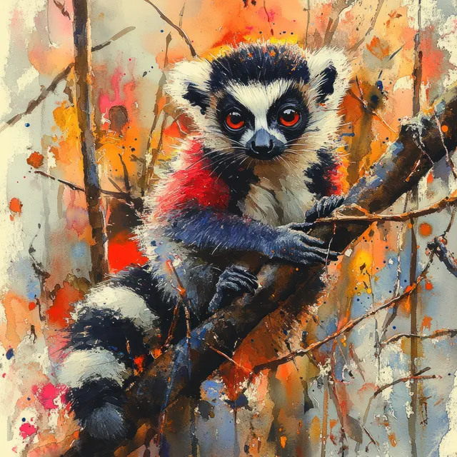 Watercolor ring-tailed lemur perched on a branch with expressive eyes and warm sunlight
