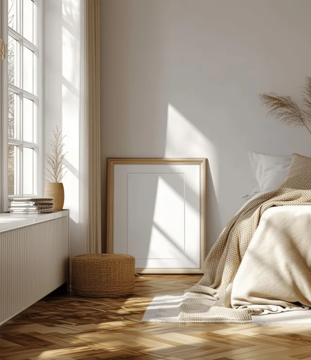 A white picture frame mockup leans near a sunlit Scandinavian bed with beige bedding on a wooden parquet floor.