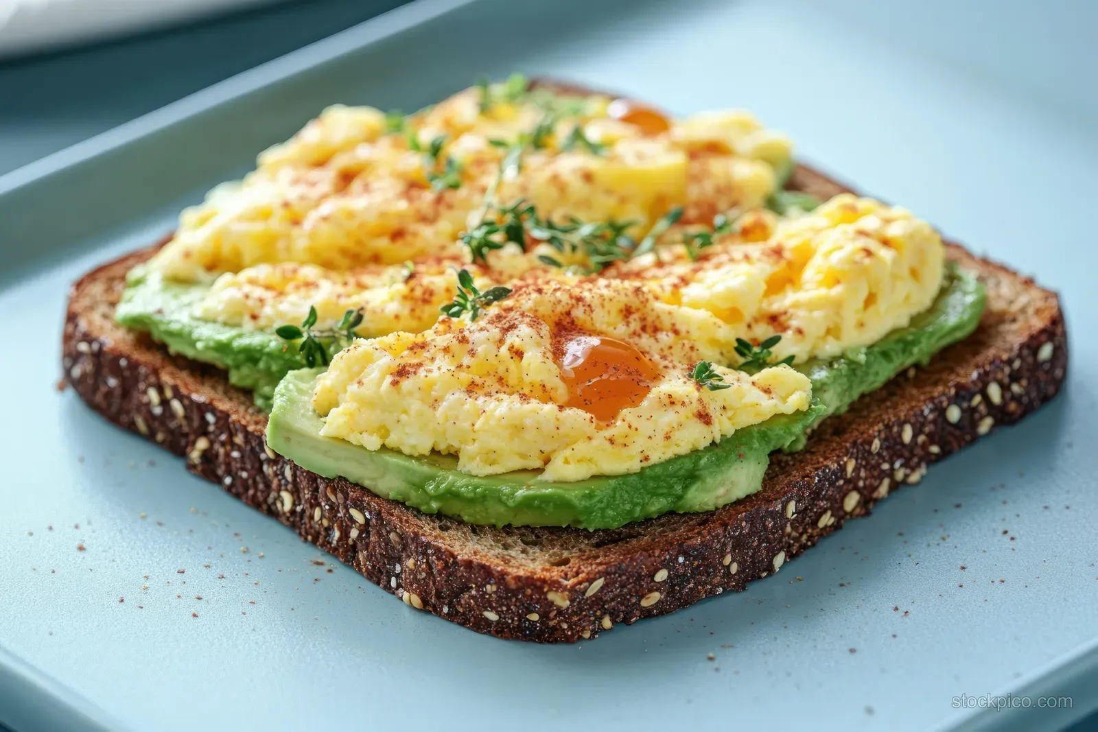 Multigrain toast on a light blue plate topped with avocado mash and runny yolk scrambled eggs, garnished with paprika and thyme.