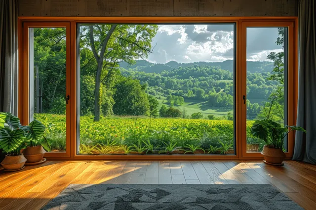Sunlit loft living room with giant window framing spring green valley panoramic view
