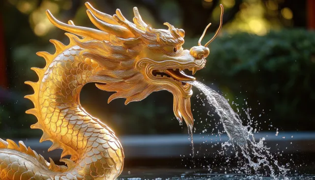 Golden dragon fountain statue spouting water as sunlight highlights its detailed scales in a garden.