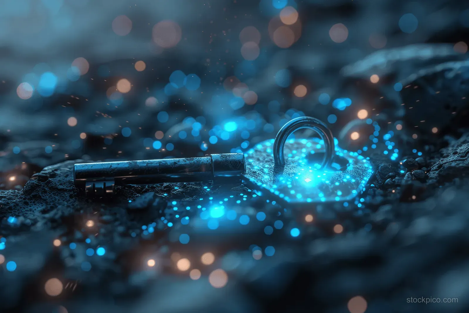 A glowing padlock and key over an abstract blue data network background with floating light particles.