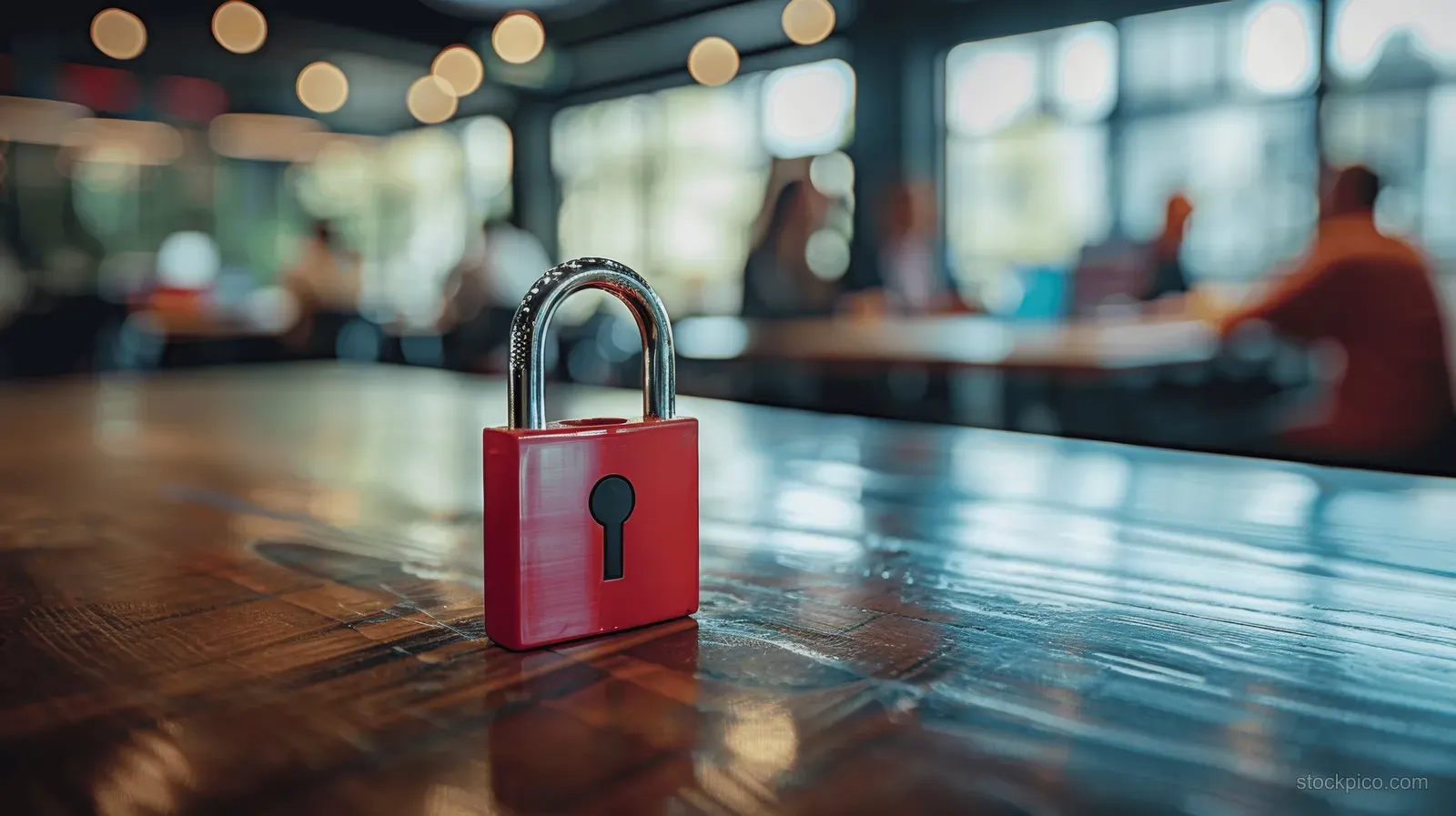 Red padlock rests on a wooden table while blurred lights glow in the background.