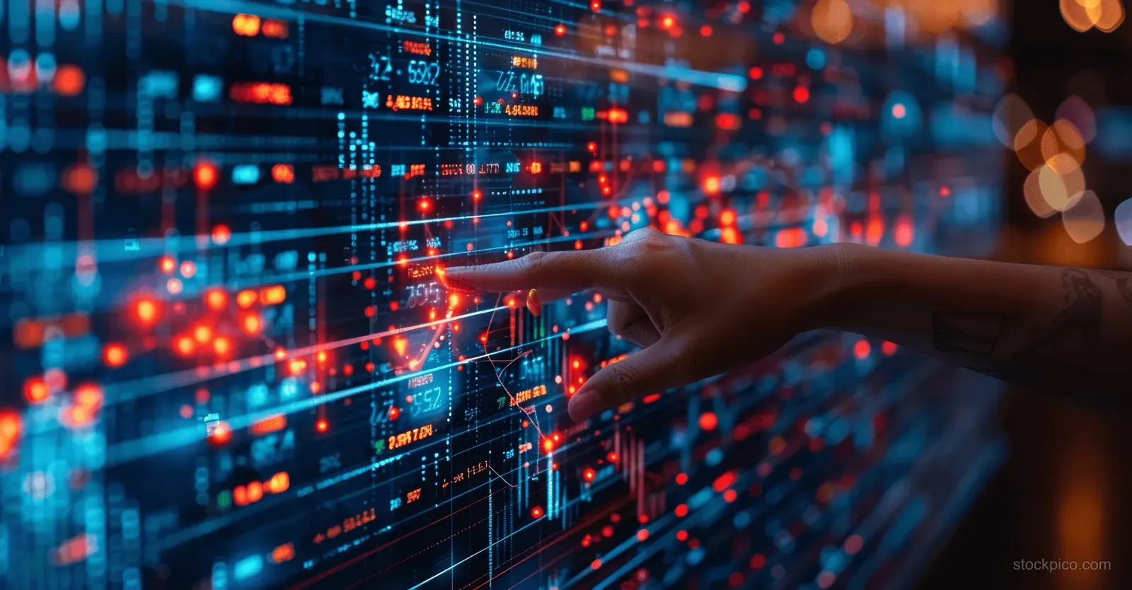 Hand points at a virtual trading screen filled with stock and cryptocurrency charts and glowing data lines.