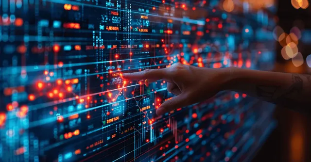 Hand points at a virtual trading screen filled with stock and cryptocurrency charts and glowing data lines.