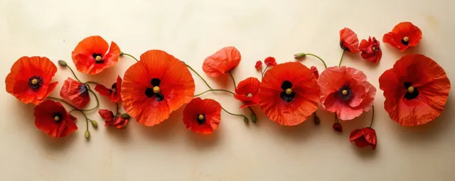 Horizontal Row of Vibrant Red Poppies on a Soft Textured Background