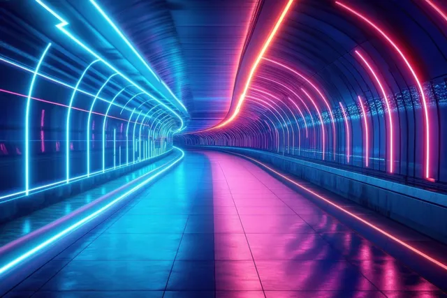 Blue and pink neon lights curve through an empty tunnel, reflecting on a glossy tiled floor.
