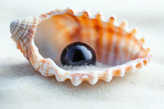 Black pearl nestled in an open seashell on white sand with soft blue ocean blur behind.