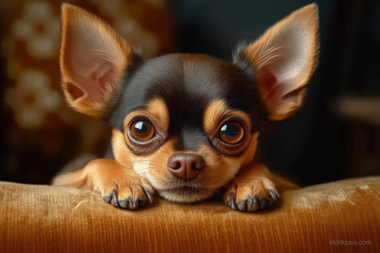 A Chihuahua puppy rests its paws on soft brown fabric while looking curiously at the camera.