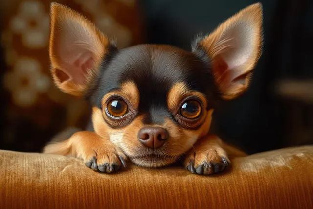 A Chihuahua puppy rests its paws on soft brown fabric while looking curiously at the camera.