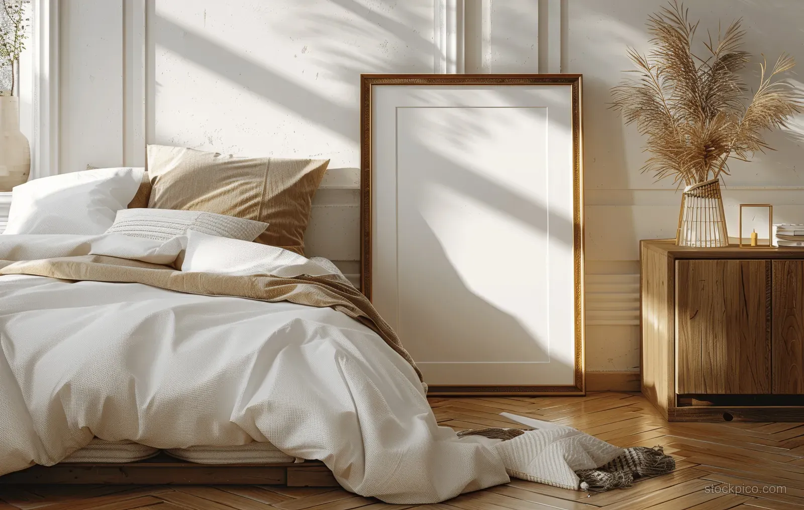Sunlit coastal bedroom with a white mockup frame on a wooden bedside table next to pillows, blanket, and decor.