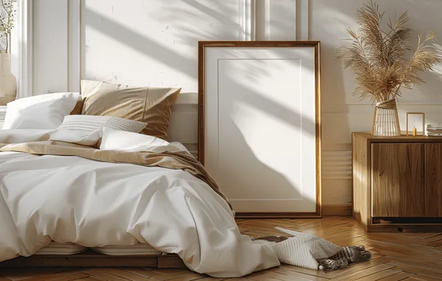 Sunlit coastal bedroom with a white mockup frame on a wooden bedside table next to pillows, blanket, and decor.