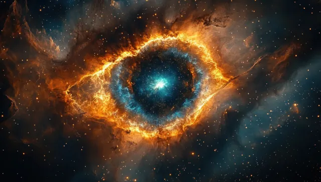 A fiery orange nebula ring surrounds a bright blue star cluster amid scattered glowing specks in deep space.