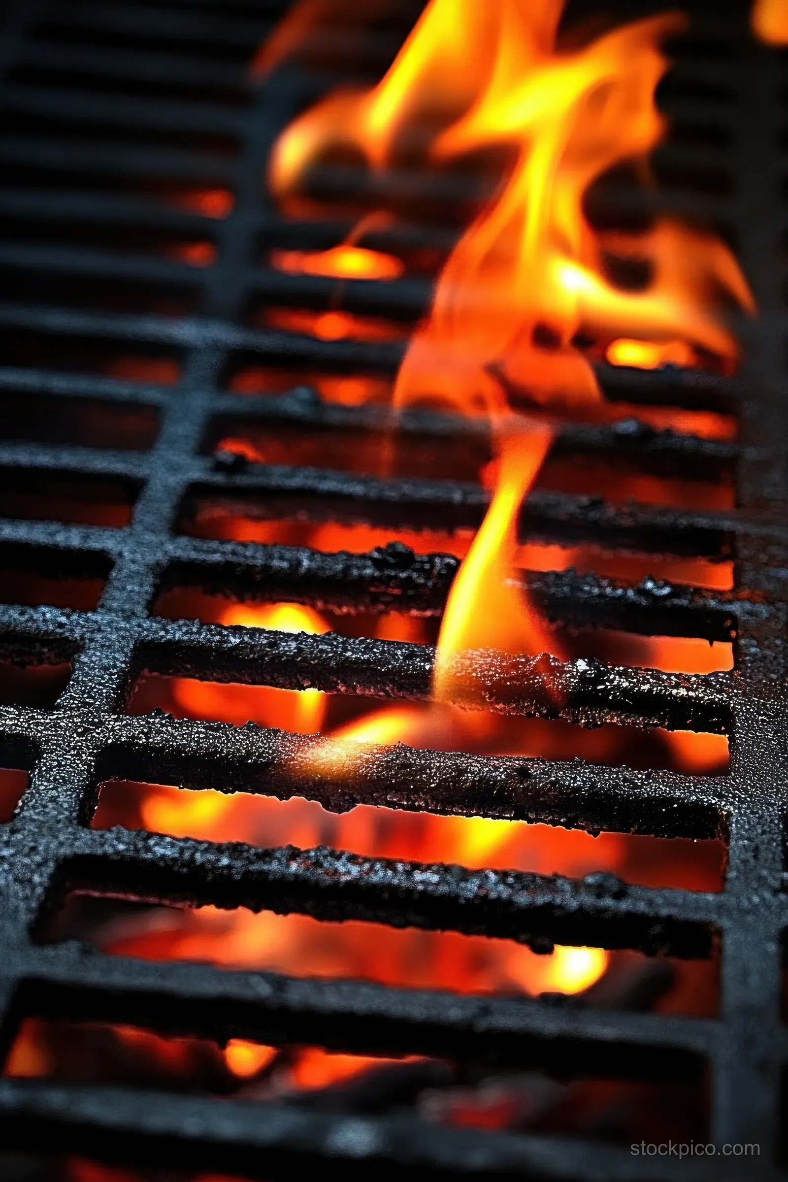 Orange flames and red embers rise through a black metal grill grate over glowing charcoal.