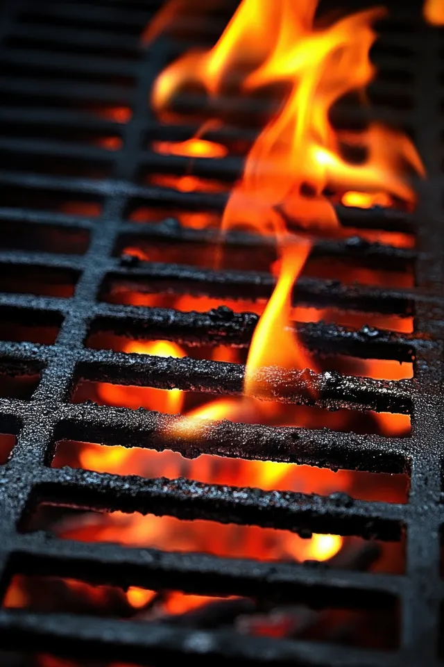 Orange flames and red embers rise through a black metal grill grate over glowing charcoal.