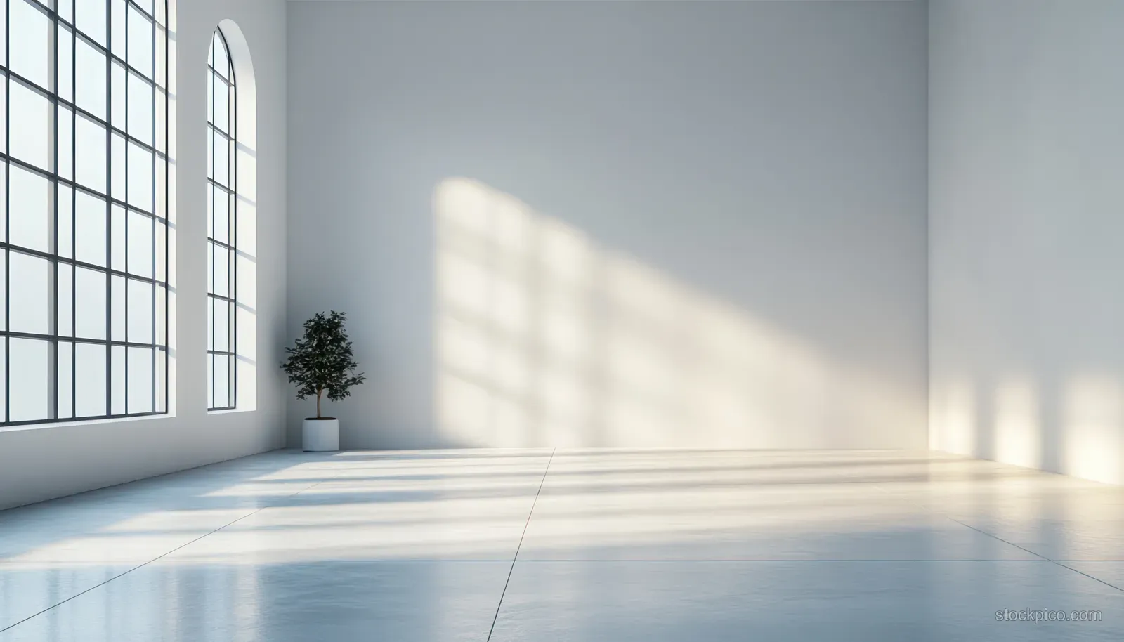 Empty sunlit room with arched windows casting long shadows and a small potted plant near the corner.