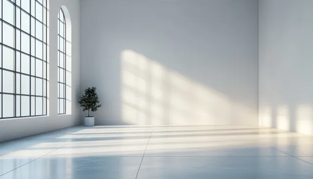 Empty sunlit room with arched windows casting long shadows and a small potted plant near the corner.