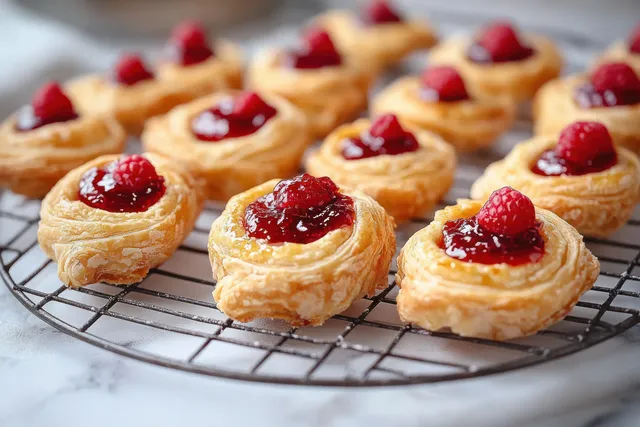 Golden puff pastries with raspberry jam and fresh raspberries cooling on a wire rack.