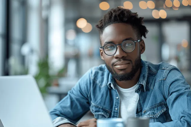 A young man writes notes at a desk in a home office with a laptop and coffee cup nearby.