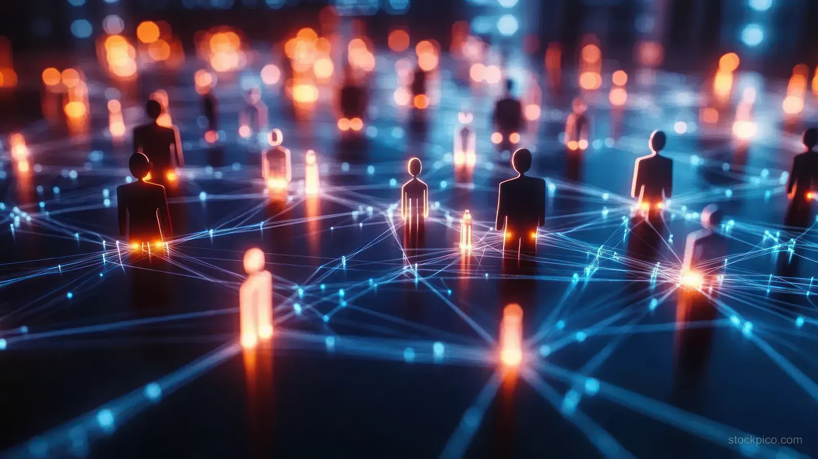 Glowing human silhouettes connected by bright network lines and nodes in a dark digital scene.