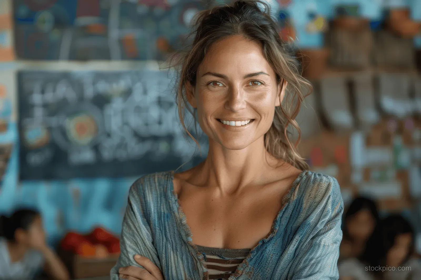 Smiling woman in casual clothes stands in a colorful classroom with blurred art supplies behind her.