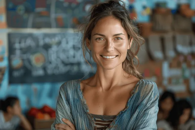 Smiling woman standing in colorful creative classroom with blurred art supplies