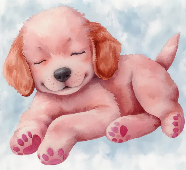 Sleeping puppy curled up on cloudy blue background with soft pink fur and paws visible