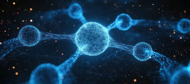 Glowing blue spheres and linking lines form an abstract molecular network on a dark background.