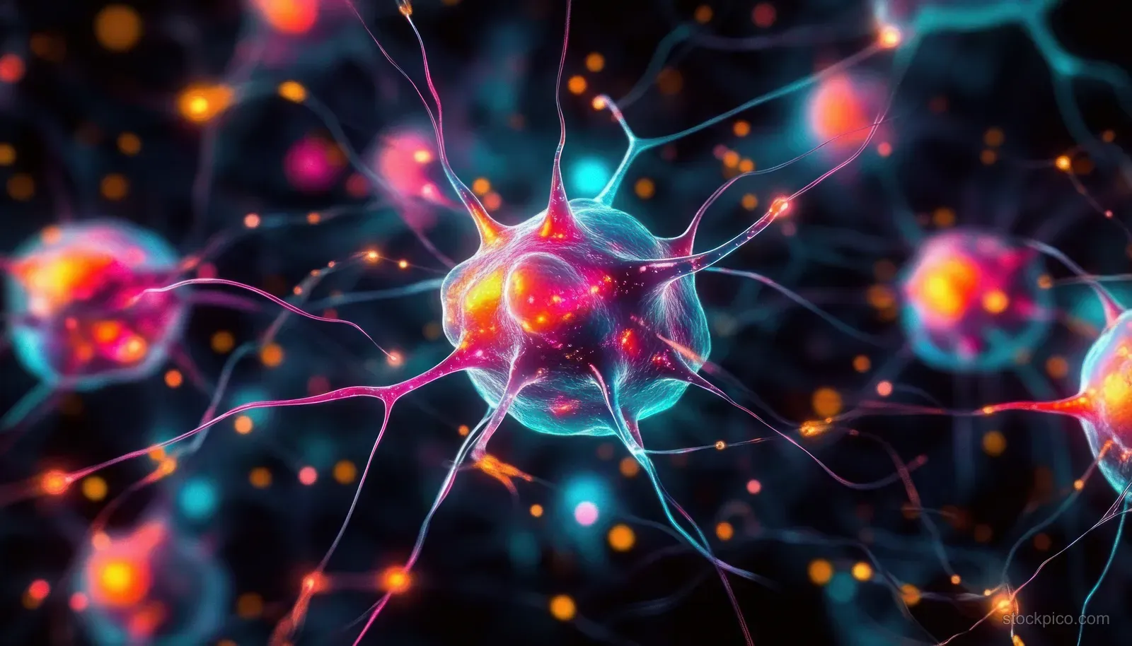 Colorful glowing neurons and synapses interconnect across a dark background with floating light signals.
