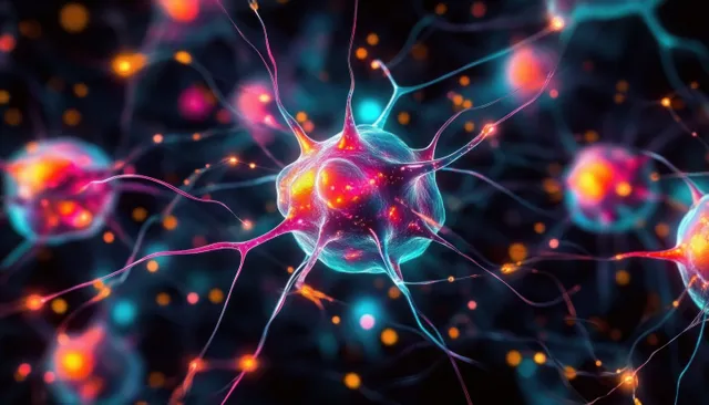 Colorful glowing neurons and synapses interconnect across a dark background with floating light signals.