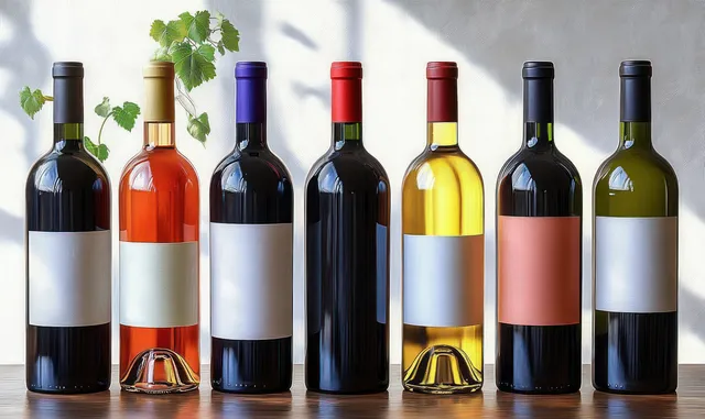 Seven colored wine bottles with blank labels are lined up on a wooden surface with grapevine leaves in the background.
