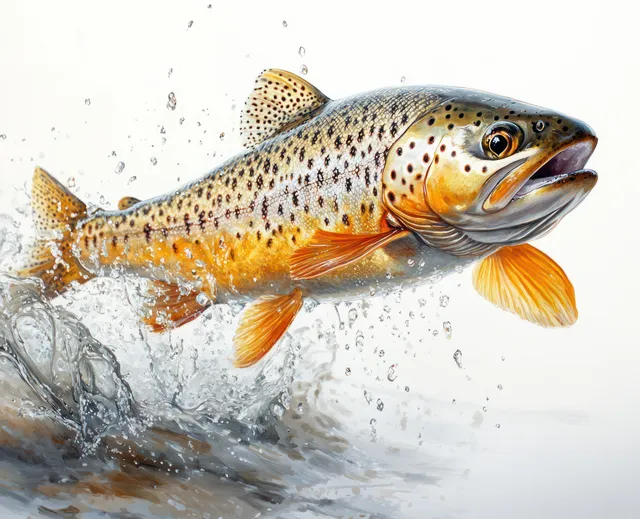 Trout leaps from water with a large splash and scattered droplets on a white background.