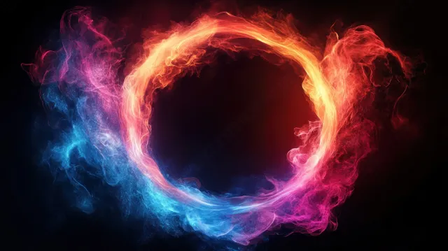 A neon flaming energy ring swirls with colorful particles and wave trails against a dark backdrop.